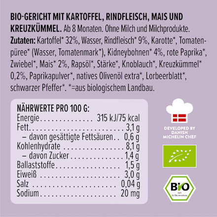 Menü Tex Mex mit Kartoffeln, Rindfleisch, Mais, Kreuzkümmel, ab 8 Monaten, 185 g