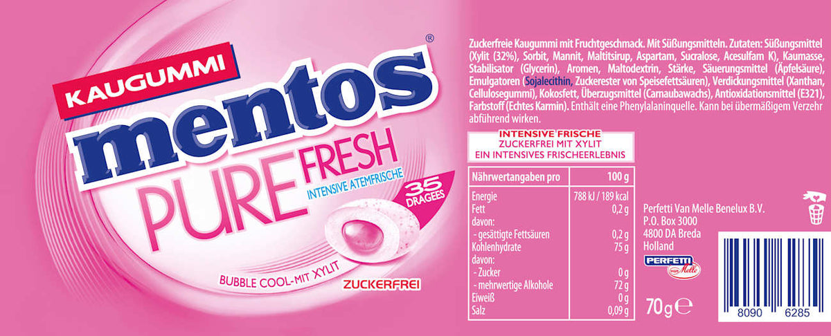 Chewing-gum Mentos, Pure Fresh Bubble Cool au xylitol, sans sucre (35 pièces), 70 g