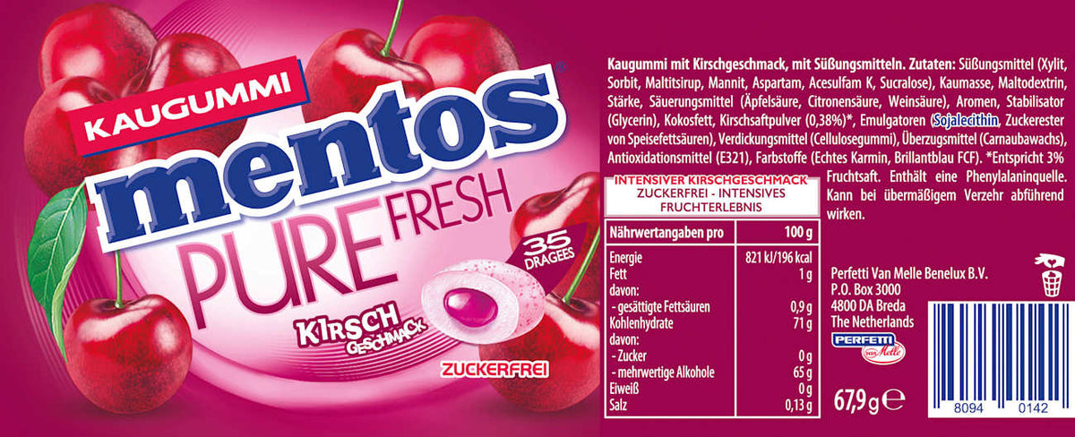 Kaugummi, Pure Fresh Kirsch Geschmack, zuckerfrei (35 Stück), 67,9 g mentos