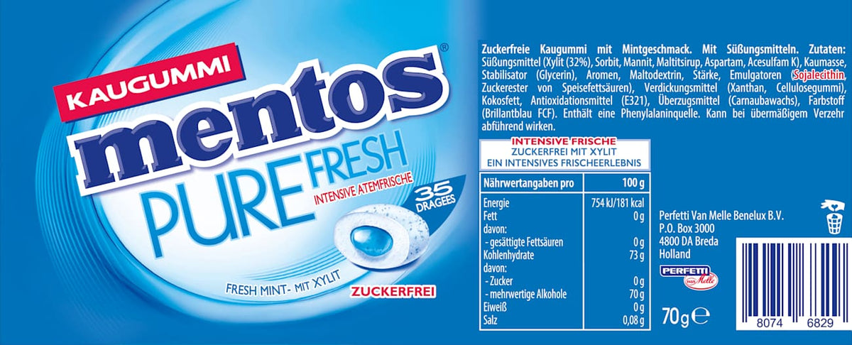 Chewing-gum Mentos, Pure Fresh Mint, sans sucre (35 pièces), 70 g