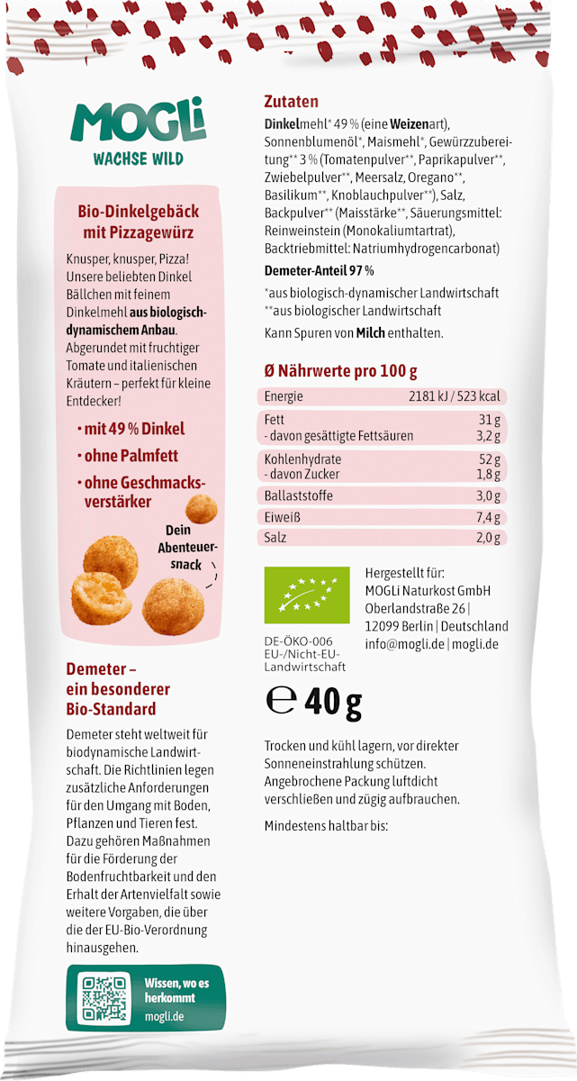 MOGLi Snack pour enfant Petites boulettes de pizza au petit épeautre à partir de 3 ans, 40 g