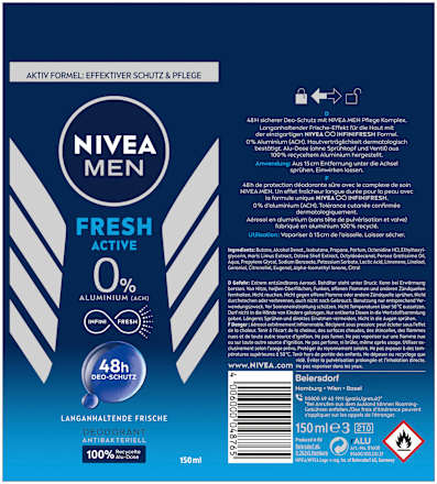 Deospray Fresh Active, Vorteilspack (6x150 ml), 900 ml NIVEA MEN
