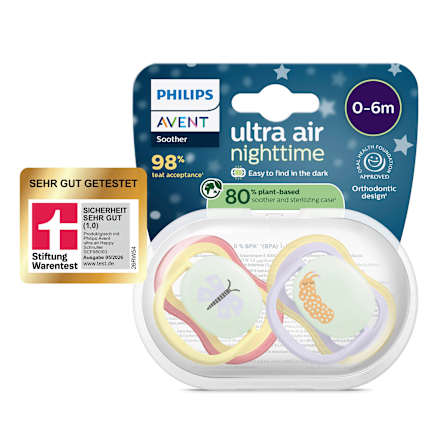 Schnuller ultra air nighttime Silikon, gelb/lila, 0-6 Monate, 2 St