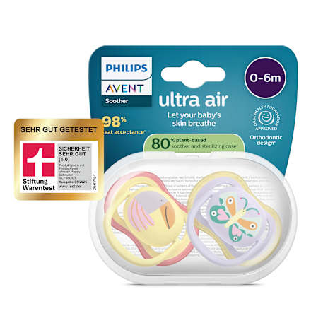 Schnuller ultra air Silikon, gelb/lila, 0-6 Monate, 2 St