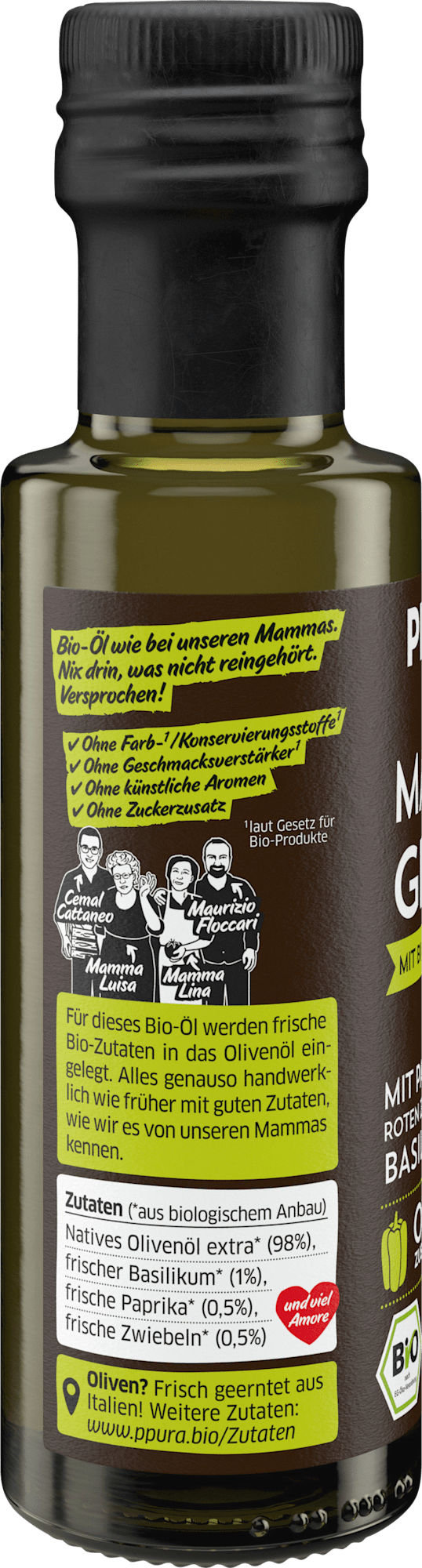 PPURA huile d’olive vierge extra « Mammas Gemüse » au paprika, aux oignons rouges & au basilic, 100 ml