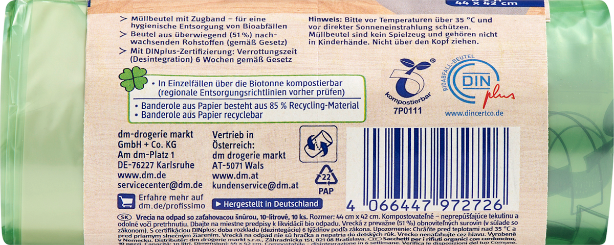 Profissimo Müllbeutel 10 l mit Zugband aus Biofolie, 10 St