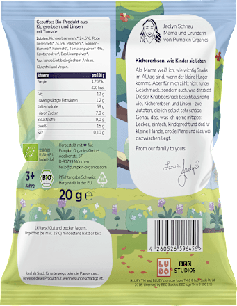Kindersnack Bluey Kichererbsen Puffs Tomate ab 3 Jahren, 20 g