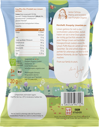 Kindersnack Bluey Linsen Puffs Käse ab 3 Jahren, 20 g