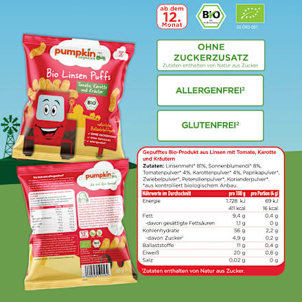 Kindersnack Linsen Puffs mit Tomate, Karotte & Kräutern ab 1 Jahr, 20 g