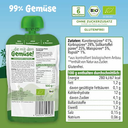 Quetschie Karotte, Kürbis, Süßkartoffel & Mais ab 6 Monaten, 100 g