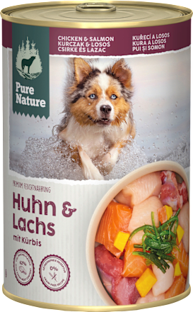 Nassfutter Hund mit Huhn, Lachs, Rind & Kürbis, 400 g