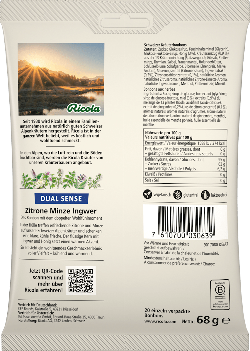 Ricola Bonbon, Dual Sense Zitrone Minze Ingwer, 68 g
