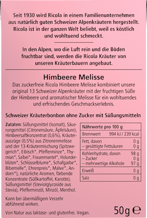 Bonbon, Himbeere Melisse, zuckerfrei, in der Taschenbox, 50 g