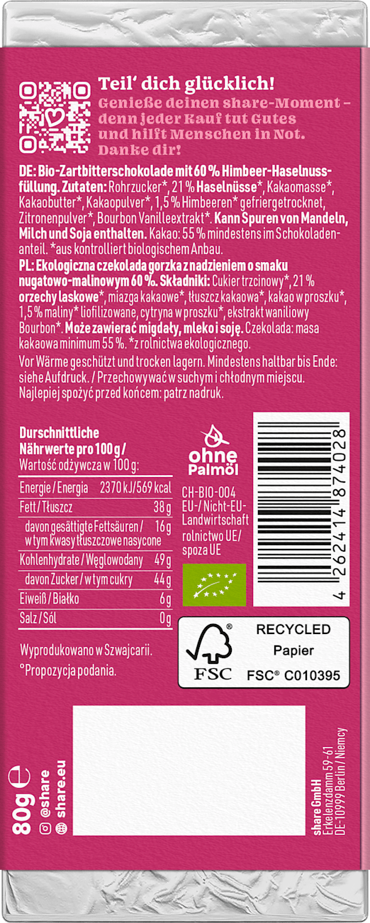 Chocolat share. Framboise, 80 g
