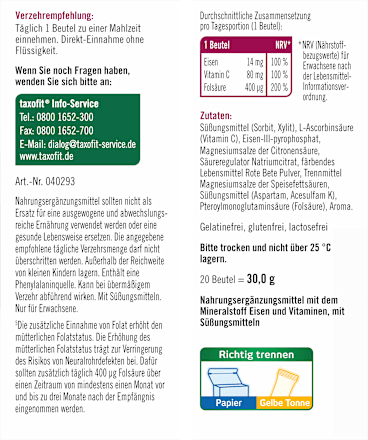 Eisen + Folsäure + Vitamin C direkt Granulat (20 Stück), 22 g