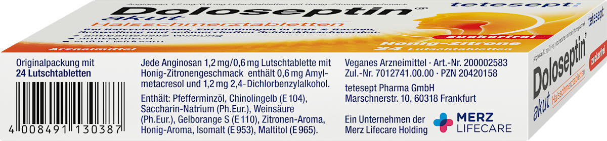 tetesept Doloseptin akut Halsschmerztabletten Honig-Zitrone, 24 St