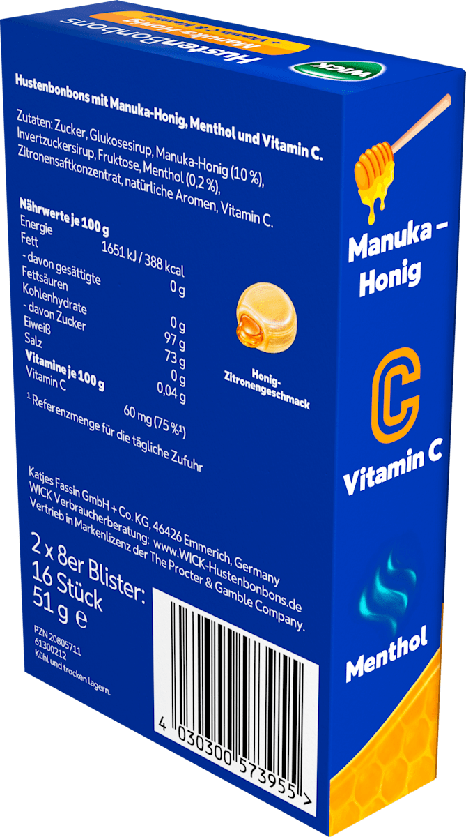 WICK Hustenbonbons Manuka-Honig + Vitamin C & Menthol 16 St, 51 g