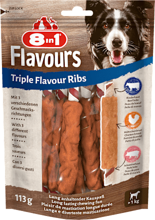 Hondensnack drievoudige smaak ribbetjes, 113 g