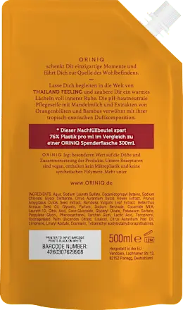 Flüssigseife Thailand Feeling mit Mandelmilch, Orangenblüte & Bambus, Nachfüllpack, 500 ml ORINIQ