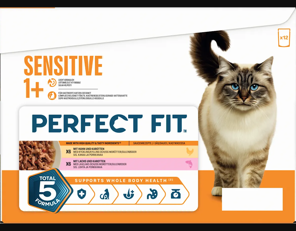 PERFECT FIT Nassfutter Katze mit Huhn & Lachs, sensitiv Multipack (12x85 g), 1,02 kg