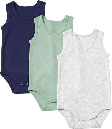 Bodys Ärmellos, grau + grün + blau, Gr. 86/92, 3 St