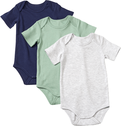 Bodys Kurzarm, grau + grün + blau, Gr. 98/104, 3 St