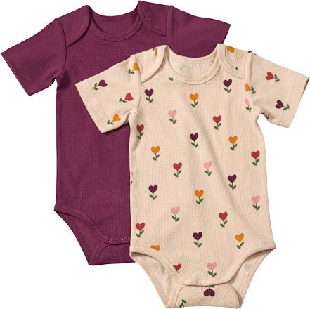 Bodys Kurzarm mit Herz-Muster, beige + lila, Gr. 86/92, 2 St
