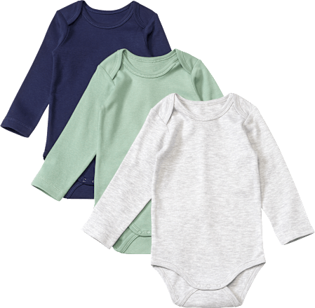 Bodys Langarm, grau melange + grün + blau, Gr. 98/104, 3 St
