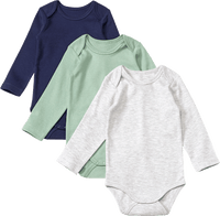 Bodys Langarm, grau melange + grün + blau, Gr. 98/104, 3 St