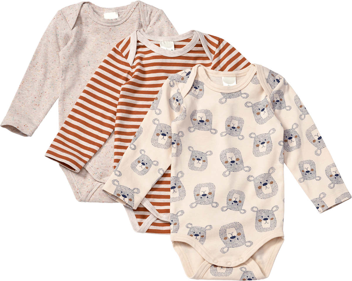 ALANA Bodys Langarm mit Bären-Muster & Streifen, beige, Gr. 86/92, 3 St