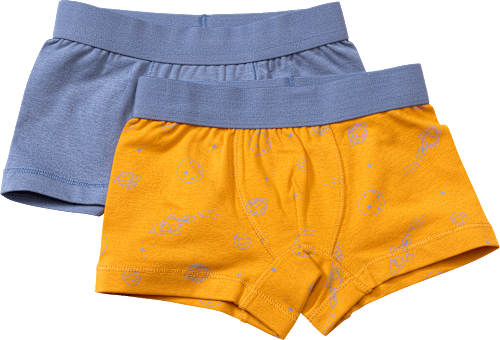 Boxershorts met ruimtepatroon, geel + blauw, maat 98/104, 2 stuks