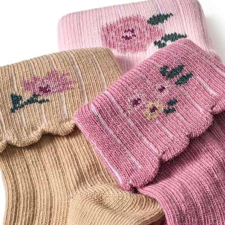Erstlingssocken mit Blumen-Motiven, rosa + beige, Gr. 13/14, 3 St