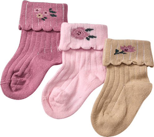 Erstlingssocken mit Blumen-Motiven, rosa + beige, Gr. 13/14, 3 St