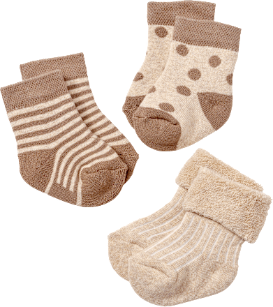 Erstlingssocken mit Punkte- & Streifen-Muster, beige + braun, Gr. 13/14, 3 St