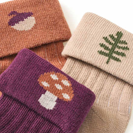 Eerste sokken met ribstructuur en herfstmotief, paars + beige + bruin, maat 15/16, 3 stuks