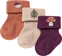 Eerste sokken met ribstructuur en herfstmotief, paars + beige + bruin, maat 15/16, 3 stuks