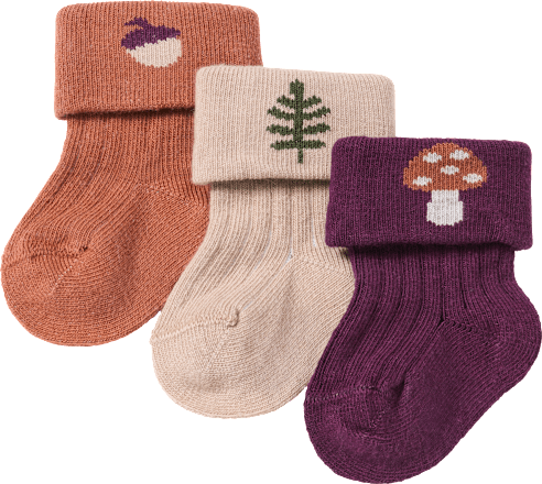 Eerste sokken met ribstructuur en herfstmotief, paars + beige + bruin, maat 15/16, 3 stuks