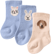 Eerste sokken met dierenmotieven en geribbelde textuur, blauw + wit, maat 15/16, 3 stuks