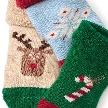 Erstlingssocken mit Weihnachts-Motiven, beige + grün + blau, Gr. 13/14, 3 St