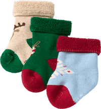 Erstlingssocken mit Weihnachts-Motiven, beige + grün + blau, Gr. 13/14, 3 St