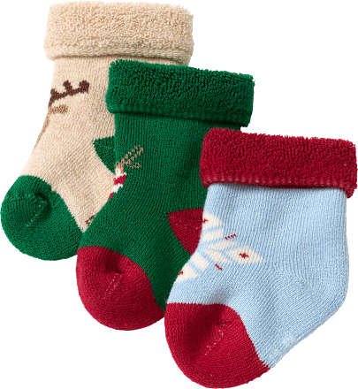 Erstlingssocken mit Weihnachts-Motiven, beige + grün + blau, Gr. 15/16, 3 St