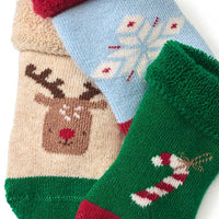 Erstlingssocken mit Weihnachts-Motiven, beige + grün + blau, Gr. 15/16, 3 St