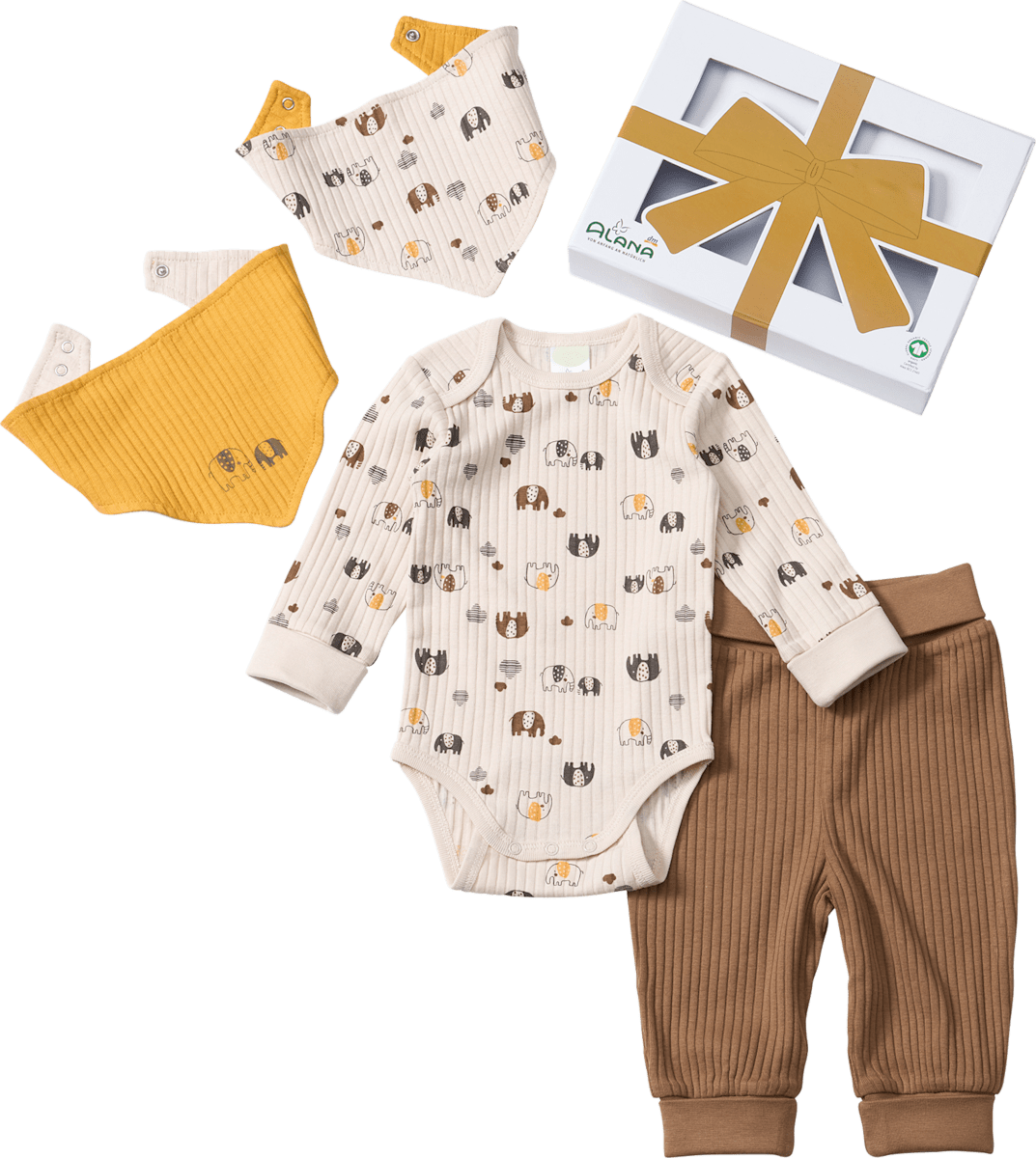 ALANA Geschenkbox mit Body & Hose mit Mitwachsfunktion und Halstüchern, beige, Gr. 62/68, 1 St
