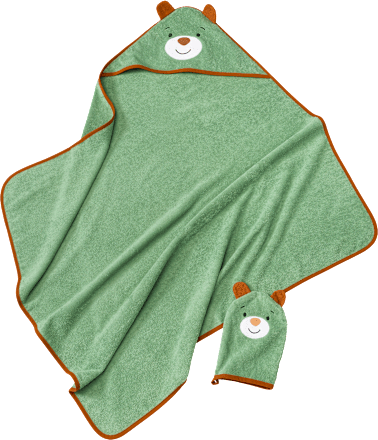 Badhanddoek met capuchon en washandje met berenmotief, groen, 1 stuk