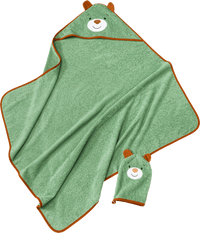 Badhanddoek met capuchon en washandje met berenmotief, groen, 1 stuk