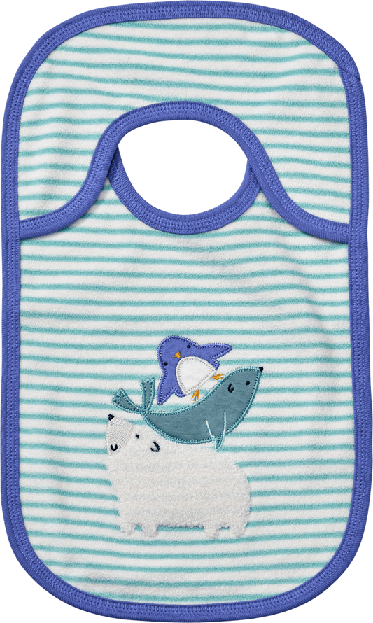 Bavoir ALANA à rayures & appliqué animal, bleu + blanc, 1 pce