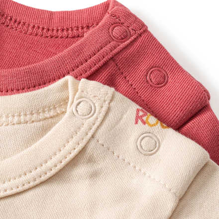 Langarm-Bodys mit Löwen-Motiv, rot + beige, Gr. 86/92, 2 St
