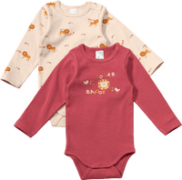 Langarm-Bodys mit Löwen-Motiv, rot + beige, Gr. 86/92, 2 St