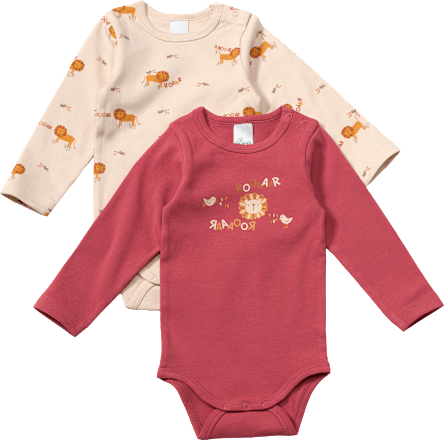 Langarm-Bodys mit Löwen-Motiv, rot + beige, Gr. 98/104, 2 St