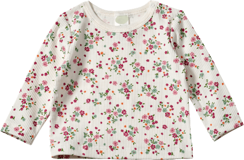 Langarmshirt mit Ripp-Struktur & Blumen-Muster, weiß, Gr. 116, 1 St
